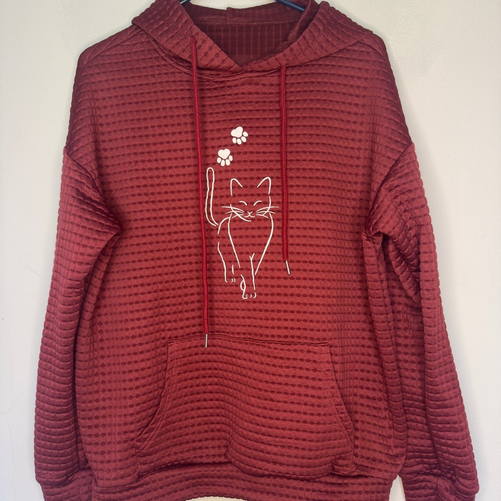 Kitty Cat Maroon Textured Hooded Polyester Blend Sweatshirt Size Large